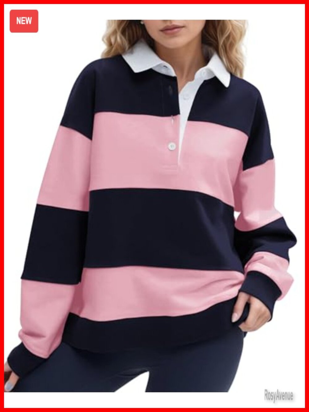Oversized Striped Polo Sweatshirt Color Block Lapel Collared Pullover Long